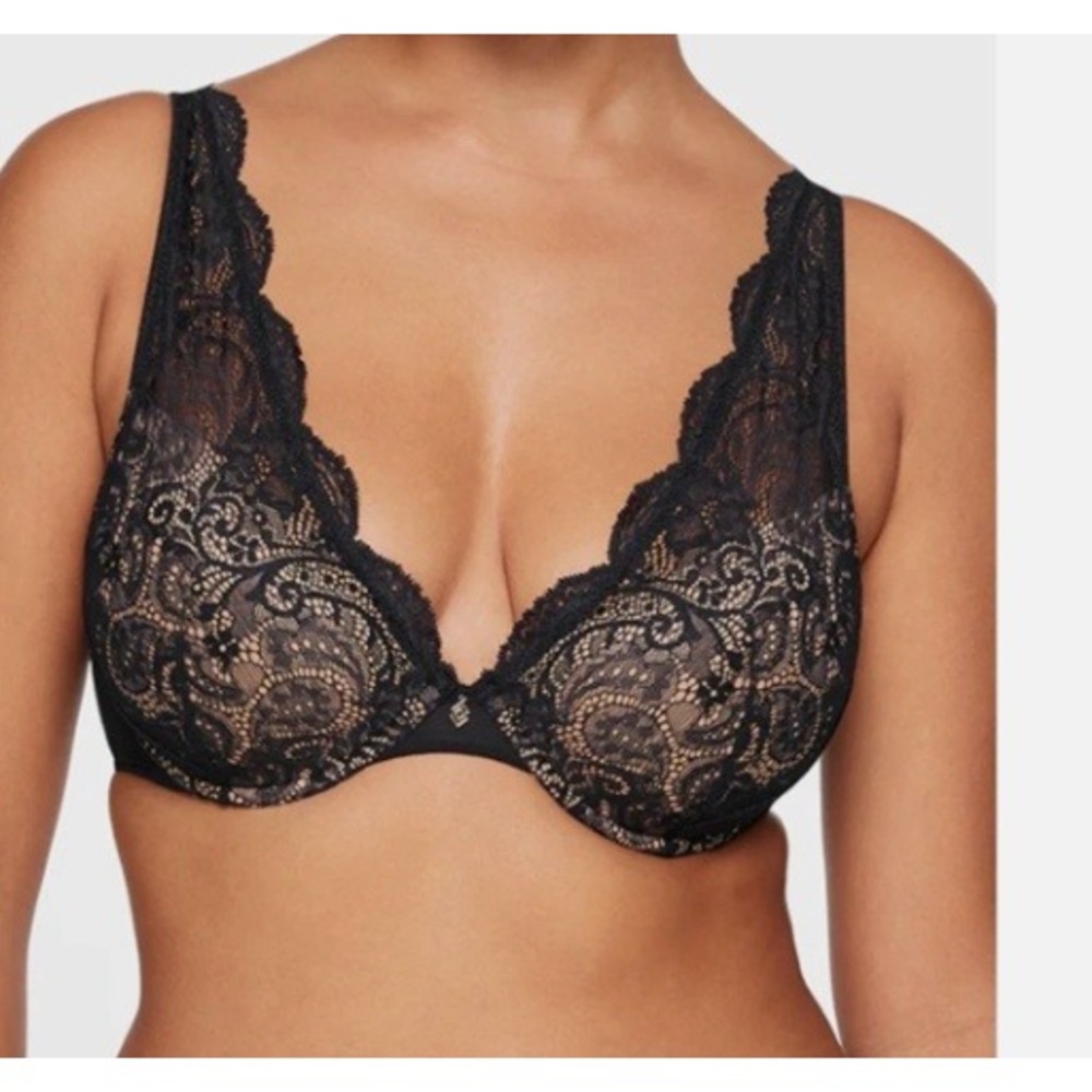 ThirdLove 24/7 Lace Contour Plunge Bra Black 32D Ret. $78 Floral Lace Underwire